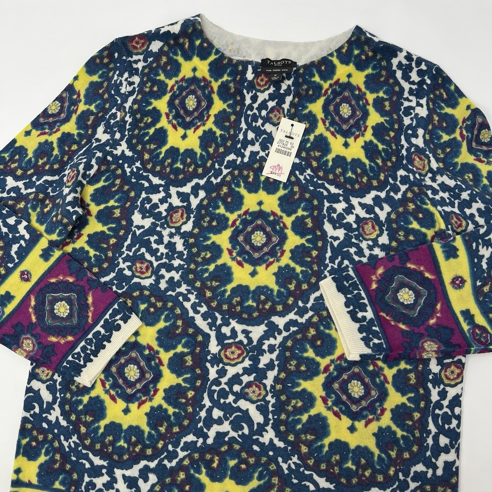Talbots Pure Merino Wool Medallion Print Pullover‎ Sweater Size Petite NWT